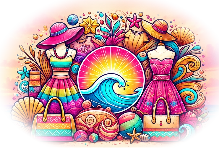 Colorful beach-inspired dresses, bags, seashells and ocean wave illustration