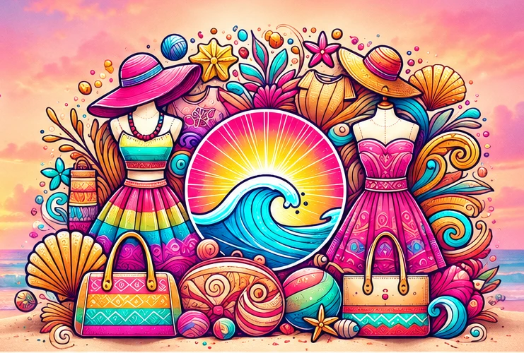 Colorful beach-inspired dresses, bags, seashells and ocean wave illustration